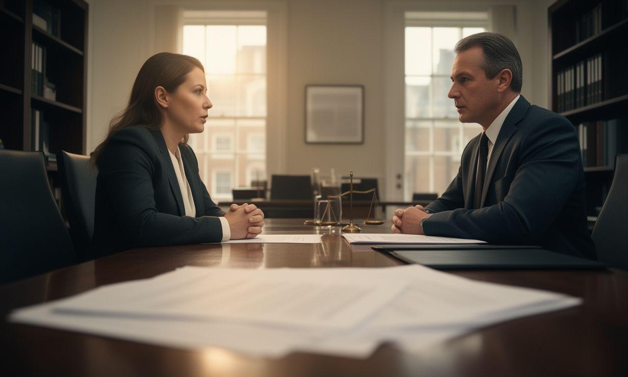 Solicitor and client speaking across a polished table during a contract consultation in London
