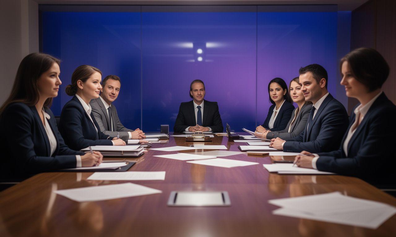 Solicitors collaborating around a polished boardroom table in a London office with notes and contract files